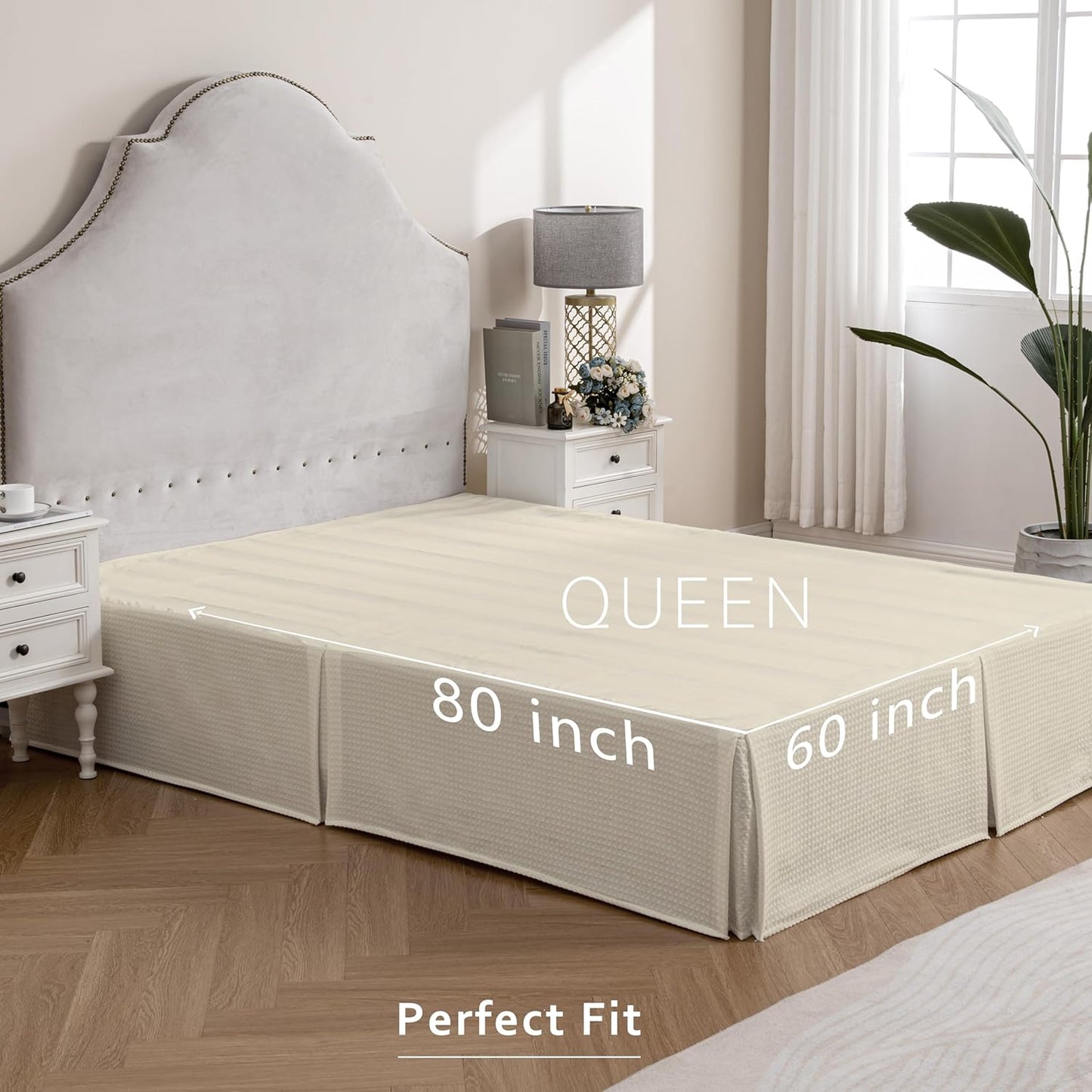 MIYE Pleated Waffle Weave Bed Skirt, Tailored Dust Ruffle 12 Inch Drop Easy Fit, Machine Washable,No Split Corners (Light Beige, Queen - 12" Drop)