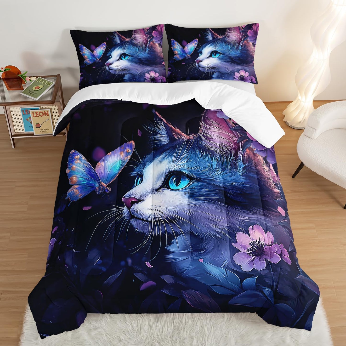 Kids Cat Comforter Set King Size,Fantasy Cats Butterfly Flowers Bedding Set for Kids Girls Kawaii Room Decor,Cute Little Animal Themed Toddler Bedding Set with 2 Pillowcases.