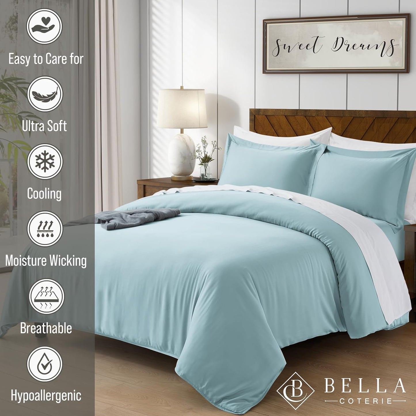 Bella Coterie Luxury Bamboo Viscose California King Size Duvet Cover Set | 100% Organically Grown | Corner Ties | Ultra Soft | Cooling | Two Pillow Shams | 106 x 94 | No Insert [Coastal Blue]