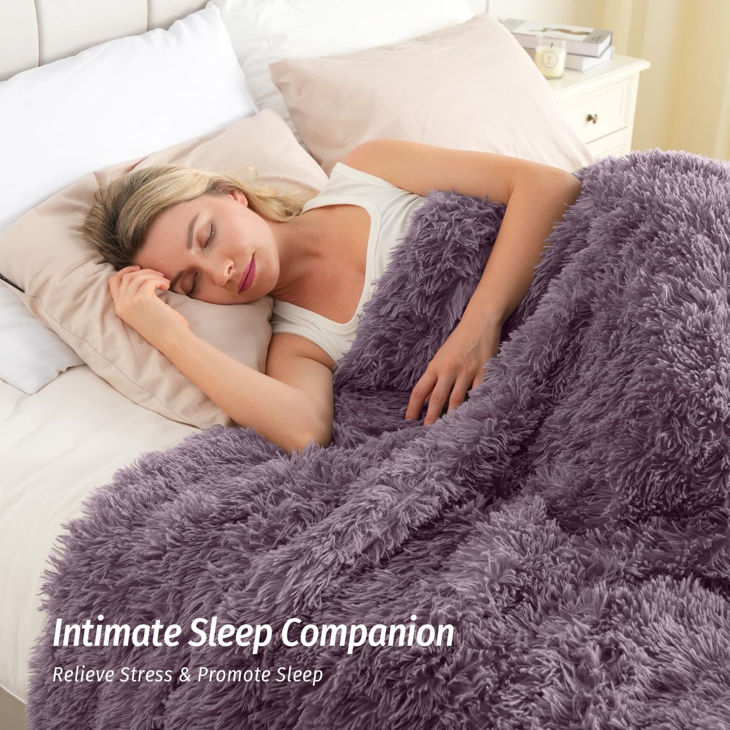 Wemore Shaggy Long Fur Faux Fur Weighted Blanket, Cozy and Fluffy Plush Sherpa Long Hair Blanket for Adult 15lbs, Fluffy Fuzzy Sherpa Reverse Heavy Blanket for Bed, Couch, Pink Purple, 48 x 72 Inches
