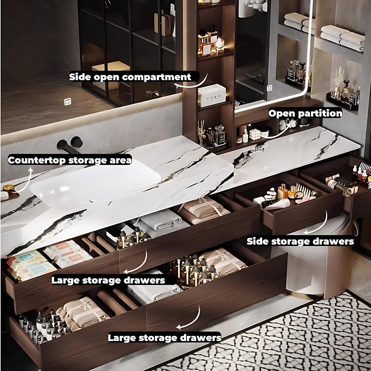 Bathroom Vanity with Sink - Luxury Bathroom Sink Cabinet, Floating Vanity with Smart Defogging Mirror & Storage Drawer, Multi-Layer Solid Wood Panel - Complete Accessories (84")