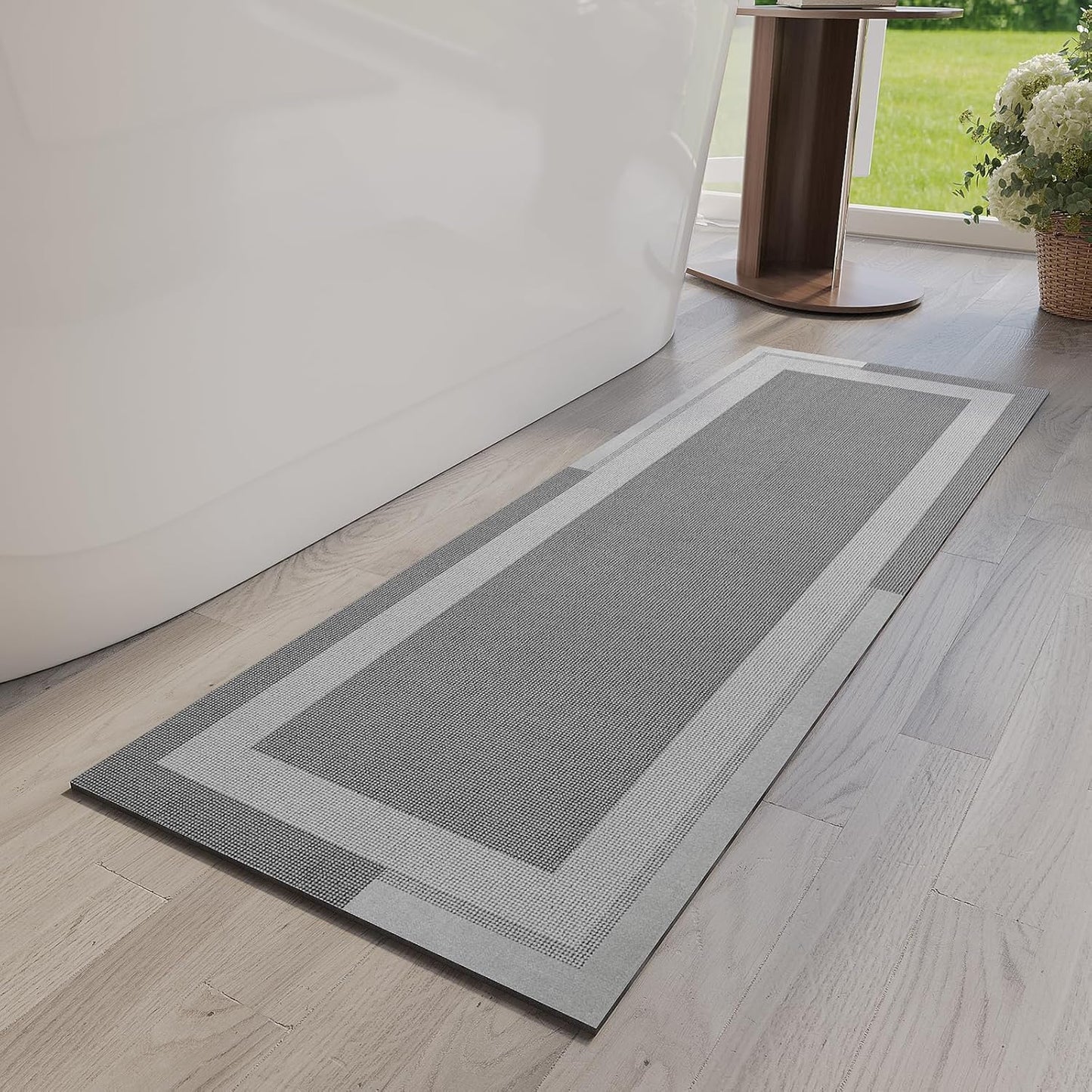 Non Slip Long Bath Mat Bathroom Runner, Rubber Backing Ultra Thin Bathroom Rugs Fit Under Door Quick Dry Super Absorbent Washable Bath Rug Shower Mat for Bathtub Sink Floor, Grey 17"x47"
