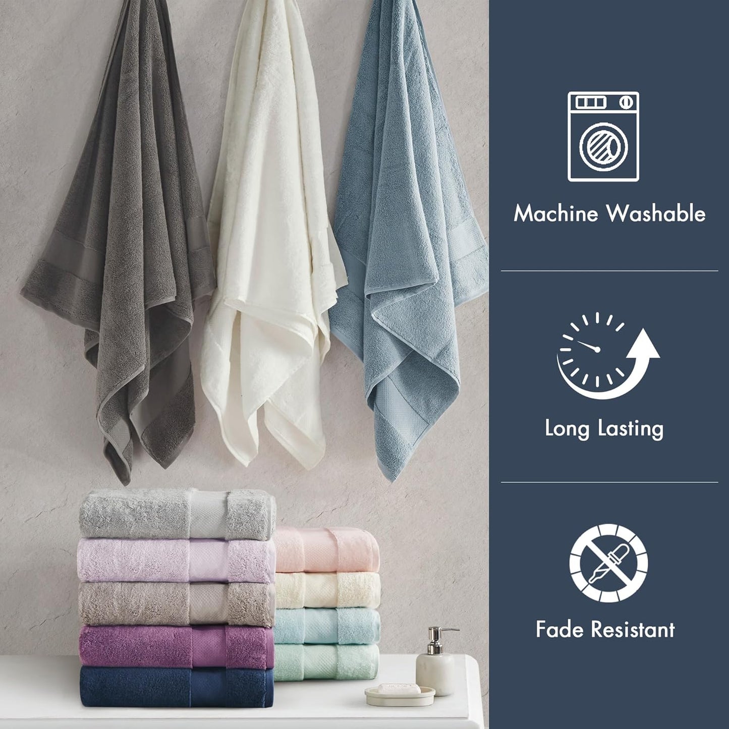 Madison Park Turkish 100% Cotton Towel Set, 600Gsm Luxury Premium Weight, Soft Absorbent Hotel Bathroom Shower Hand Face Washcloths, Assorted Sizes Navy 6 Piece