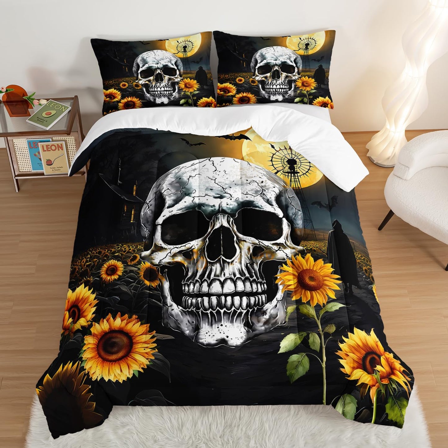 Skull Comforter Set for Gothic Decor Bedroom,Sunflower Floral Bat Print Bedding Full Size Comforter Set for Kids Boys Girls,Dark Night Halloween Horror Bedding Set with 2 Pillowcases.