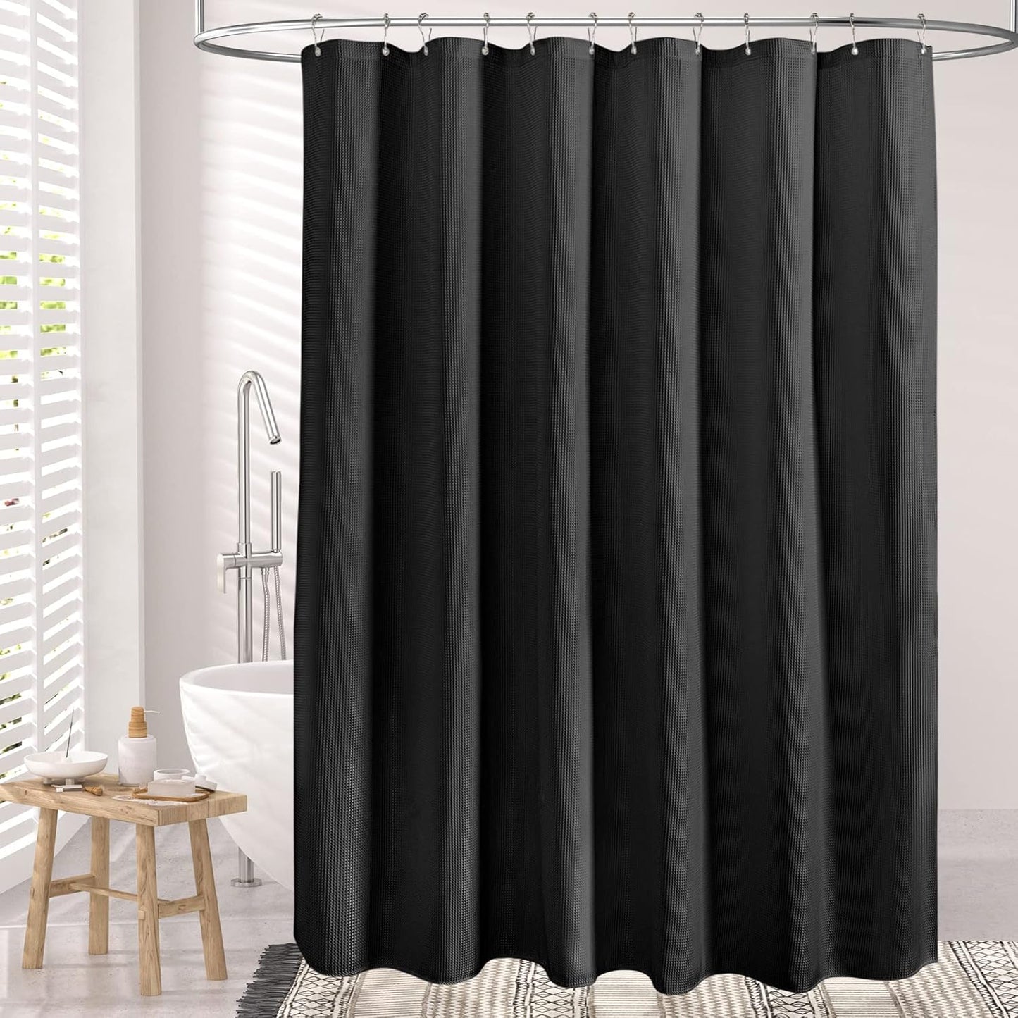 AmazerBath Black Shower Curtain Thick 240GSM, Fabric Shower Curtain with Waffle Weave, Bathroom Shower Curtains, Hotel Quality Heavy Duty, 72 x 72 Inches