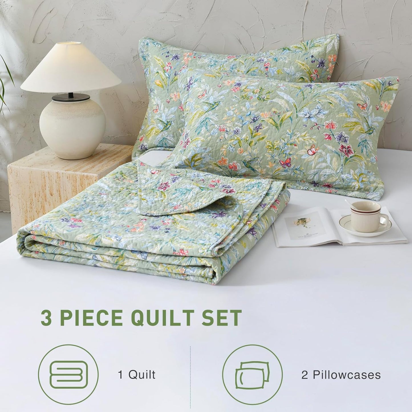 Lady Ann Oversized Cal King Bedspreads 120x120 for Extra Bed, Green Flower Bird Butterfly Print Botanical Bedding, Lightweight 100% Cotton Quilted Coverlet Set with Pillow Shams for All Season, 3 PCS