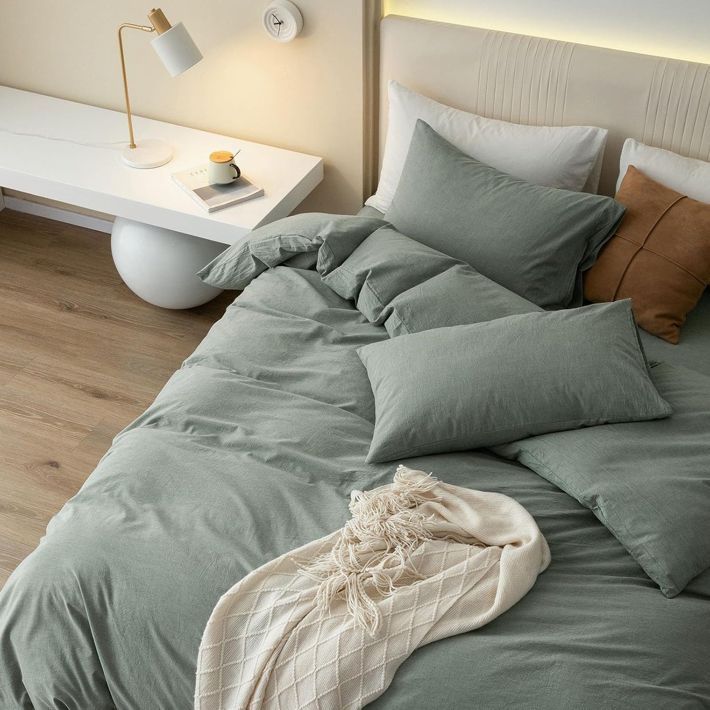 JIYUAN 100% Washed Cotton Duvet Cover Set 3 Pieces Oversized Queen, 1 Duvet Cover 98x98 Inches(Comforter Not Included) and 2 Pillowcases,Linen Feel Bedding Set Comfy and Breathable, Heathered Green