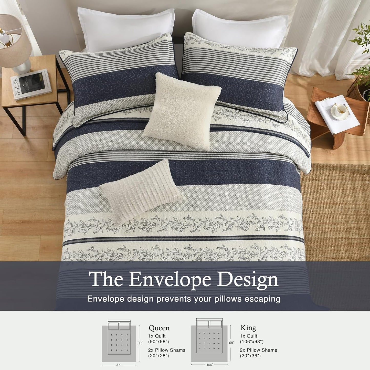Stripe Queen Quilt Set - 100% Cotton Soft Lightweight 3 Pieces Bedding Set, Vintage Vine Pattern Quilted Bedspread with 2 Pillow Shams, Farmhouse Printed Coverlet for All Season, Navy/Gray
