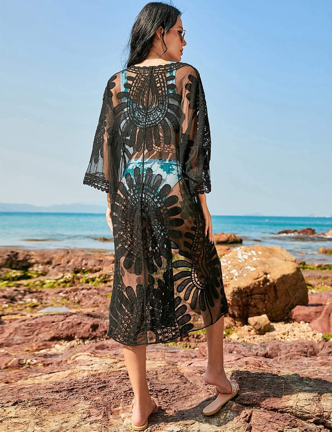 Blooming Jelly Womens Bathing Suit Cover Up 3/4 Sleeve Mesh Swimsuit Coverup Long Floral Beach Lace Kimono Summer Cardigan