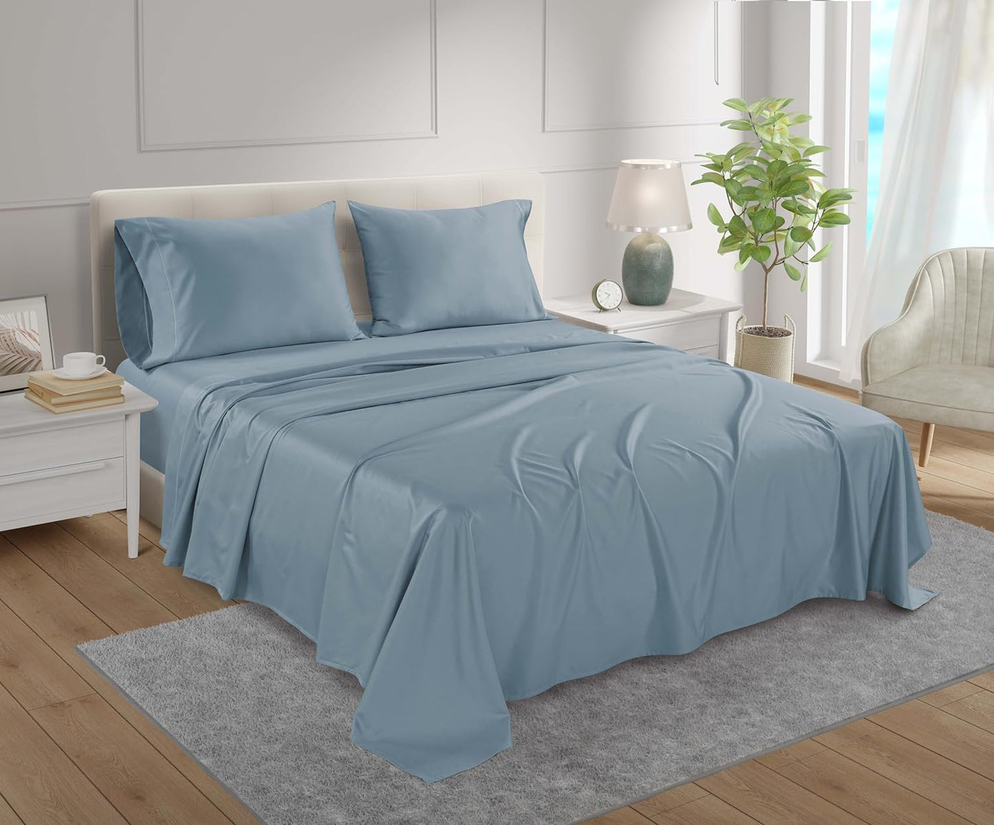 100% Egyptian Cotton Sheets Full Size Set, 800 TC Deep Pocket Full Sheets Set, Soft Breathable Sateen Weave 4 PC Elasticated Sheet & Pillowcase Sets, No Pill & Shrink, Fade Resistant - French Blue