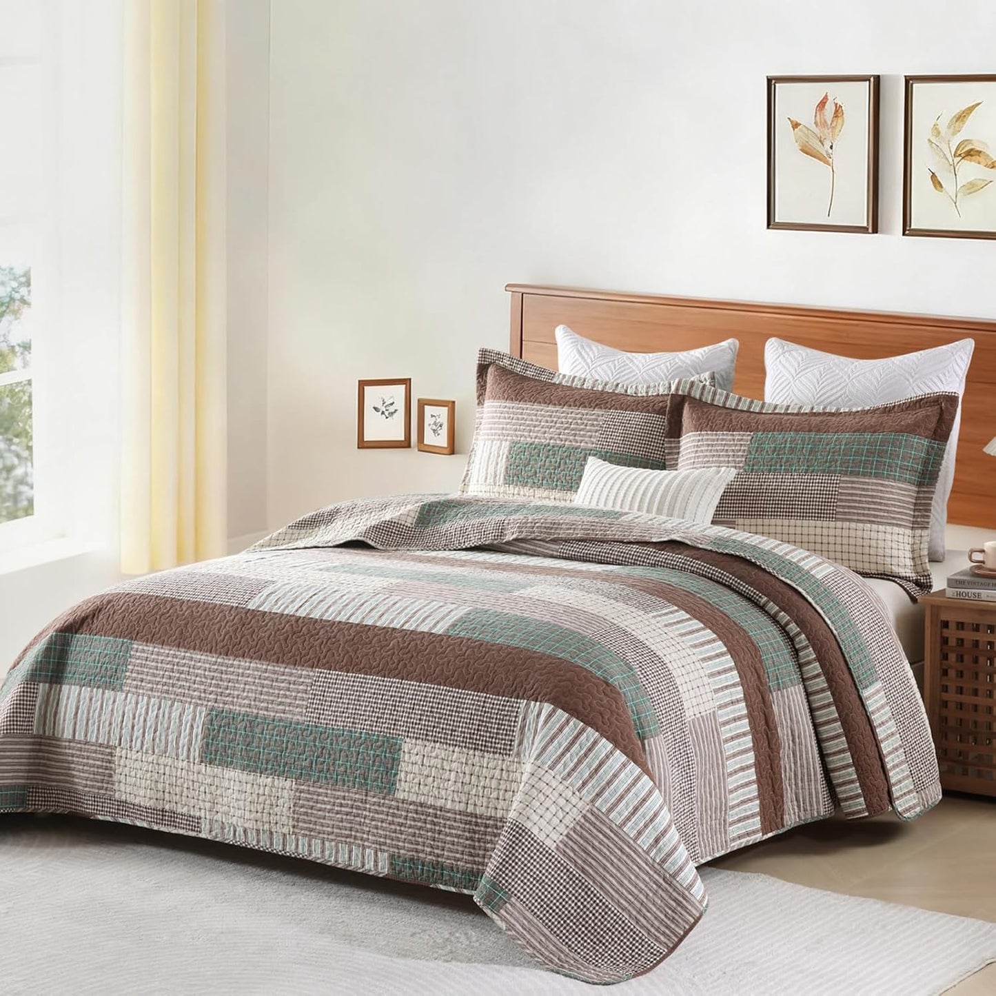 Uniclinens Plaid Quilt Queen Size, 100% Cotton Patchwork Quilt Bedding Set, Brown Lightweight Farmhouse Bedspread/Coverlet/Comforter Set, 3 Pieces Set with 2 Pillowshams, Brown/Green/Cream