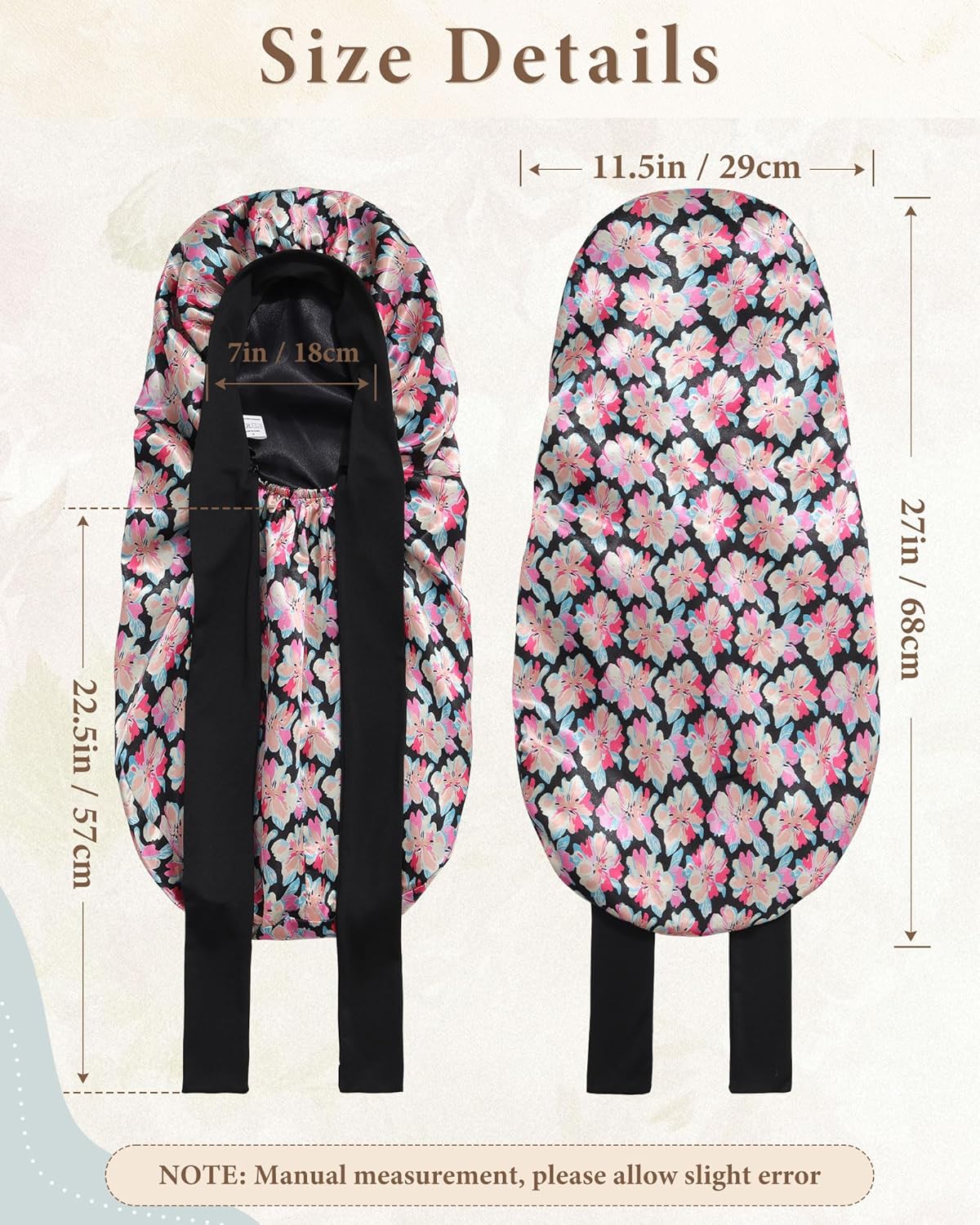 AWAYTR Long Satin Bonnet for Sleeping, Reversible Double Layer Hair Bonnet with Elastic Tie Band (Ink Floral Print+Black)