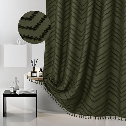 Extra Long Olive Green Boho Shower Curtain with Tassel, Woven Fabric 90 in Shower Curtain, Tufted Chevron Striped, 72 x 90, Modern Chic Textured Minimalist Bathroom Shower