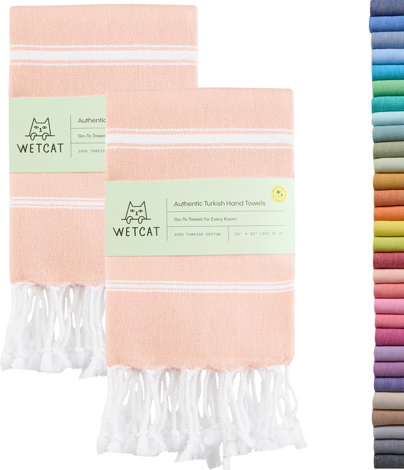 WETCAT Turkish Hand Towels with Hanging Loop, Set of 2 (20" x 30") 100% Turkish Cotton, Pre-Washed, Quick Drying, for Kitchen or Bathroom - Peach