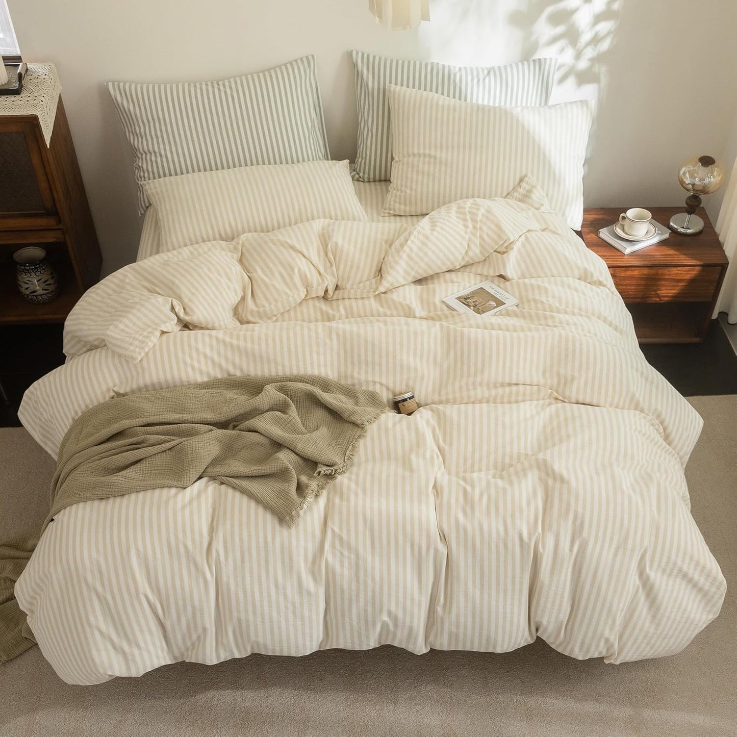 FOSSA Striped Duvet Cover Set 100% Washed Cotton Linen Feel Super Soft Breathable Cozy 3 Pieces Bedding Sets Almond Milk Grey Classic Stripes King