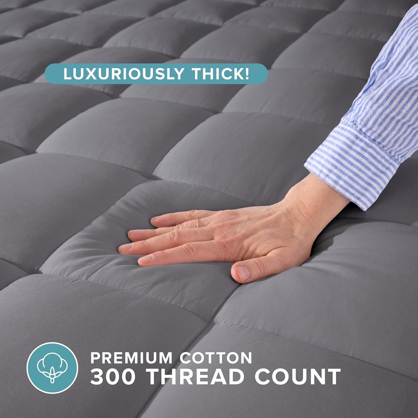 Bare Home Mattress Topper Cotton Top - Twin Extra Long - Plush Topper for Mattress - College Dorm Room Essentials - Cooling Breathable Air Flow - 8" to 21" Deep Pocket - Soft Bed Pad (Twin XL, Grey)