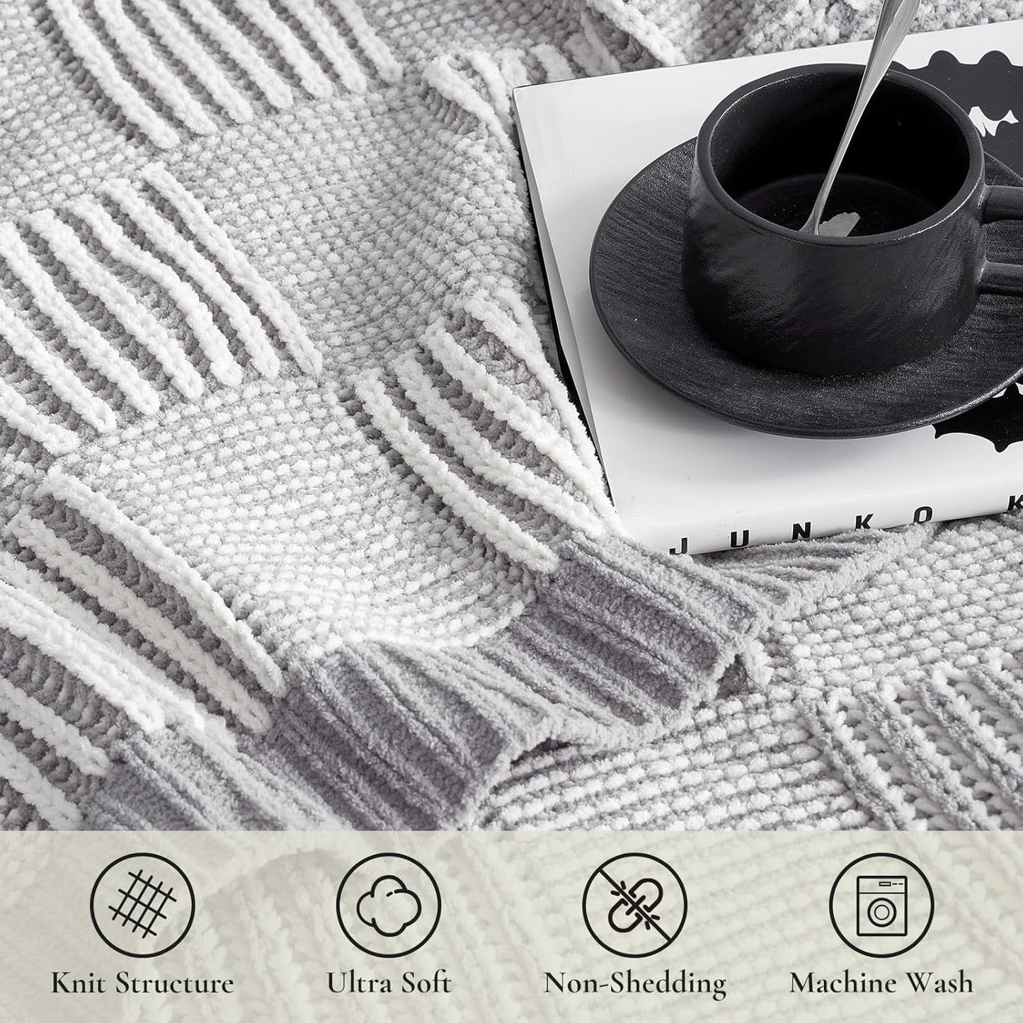 Amélie Home Checkered Knit Throw Blanket for Couch, Chenille Texture Decorative Soft Blanket for Sofa & Chair, 50"x60", Grey & White