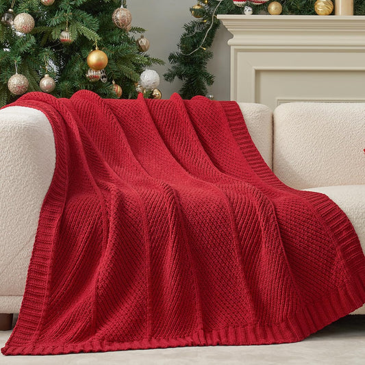 Amélie Home Chevron Chenille Knit Throw Blanket for Couch, Cozy Texture Decorative Soft Blanket for Sofa & Chair, 50"x60", Red