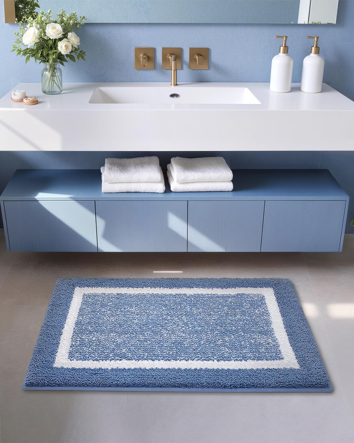 Color&Geometry Small Bath Mats for Bathroom Simple and Stylish, 16"x24" Light Blue Bathroom Rugs, Non Slip, Absorbent, Soft, Washable, Microfiber Bathmat Shower Mat Outside Shower