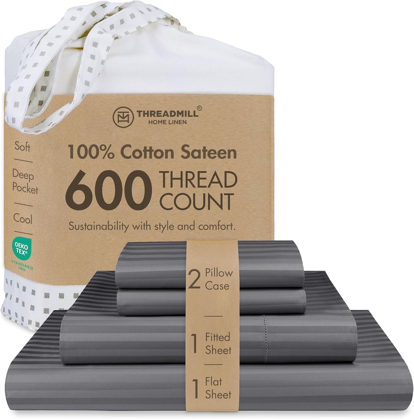 Threadmill 100% Cotton Sheets for Cal King Size Bed - 600 Thread Count Cal King Bed Sheets Set with 16” Deep Pocket - Damask Stripe Sateen Weave 4-Piece Bedding Set with Cooling Effect, Dark Grey