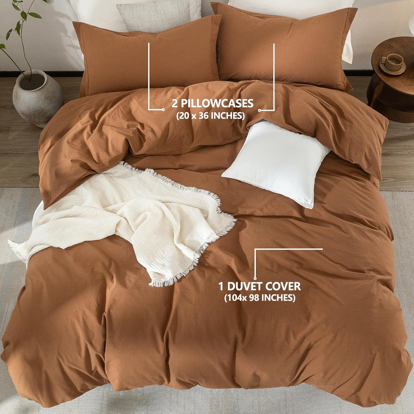 100% Washed Cotton Dark Orange Duvet Cover California King Size Bedding Set Cover 1 Duvet Cover with Zipper Closure Plus 2 Pillowcases, 104inch x 98inch