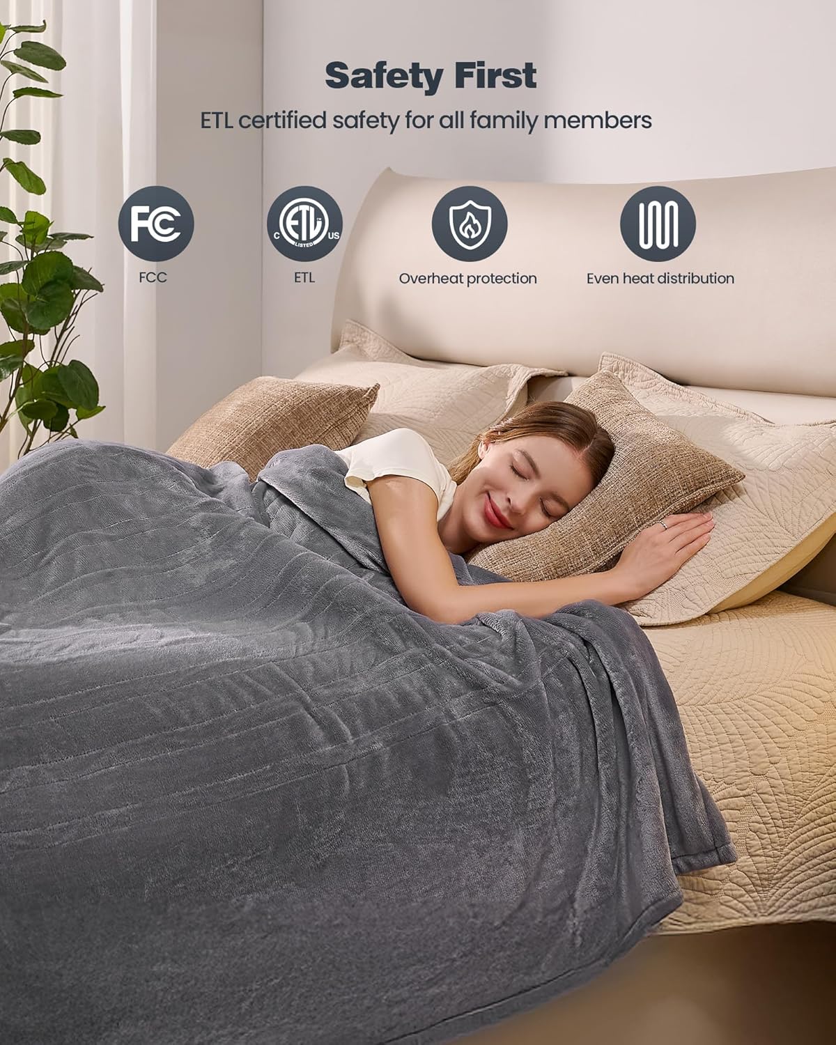 Heated Electric Blanket King- Super Soft Heating Blanket, Dual Control & 9 Heat Settings, 10 Hours Auto Off, Soft Flannel to Sherpa, Fast Heating Electric Throw, Machine Washable, 90 x 100''- Grey