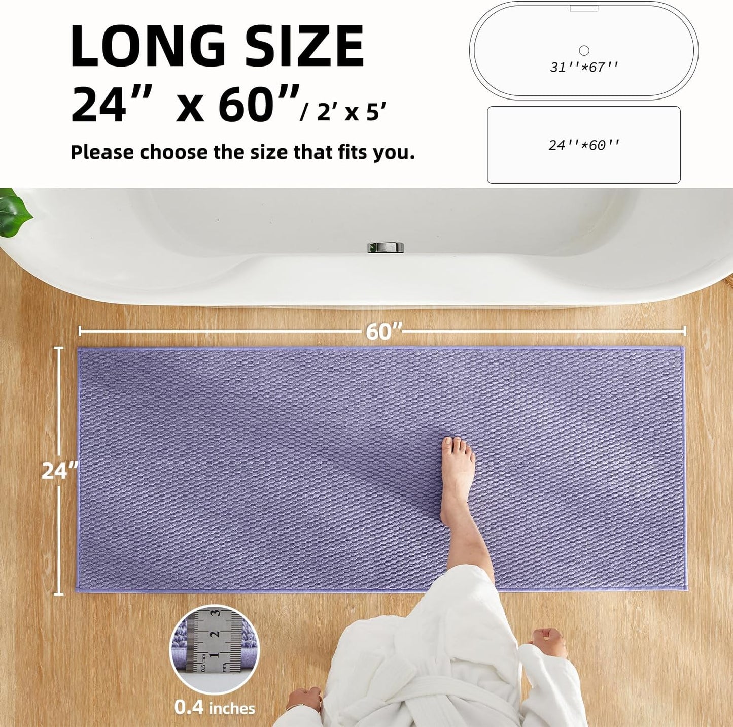 Bathroom Runner Rug, Long Bath Mat Washable Thin Quick Dry Low Pile Bathroom Runner Rugs 24 x 60 Non Slip, Lavender 24"x60"