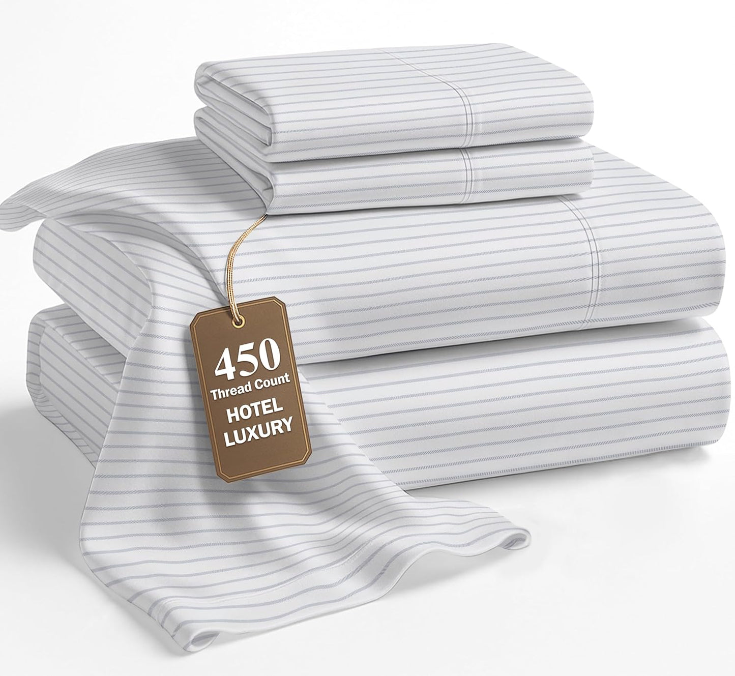 LANE LINEN Cal King Sheets – 450 Thread Count 100% Cotton Bedding Sheets & Pillowcases, Soft Sateen Weave, 15” Deep Pocket Fully Elasticized Fitted Sheet, Luxury Hotel Bedding, Ticking Stripe