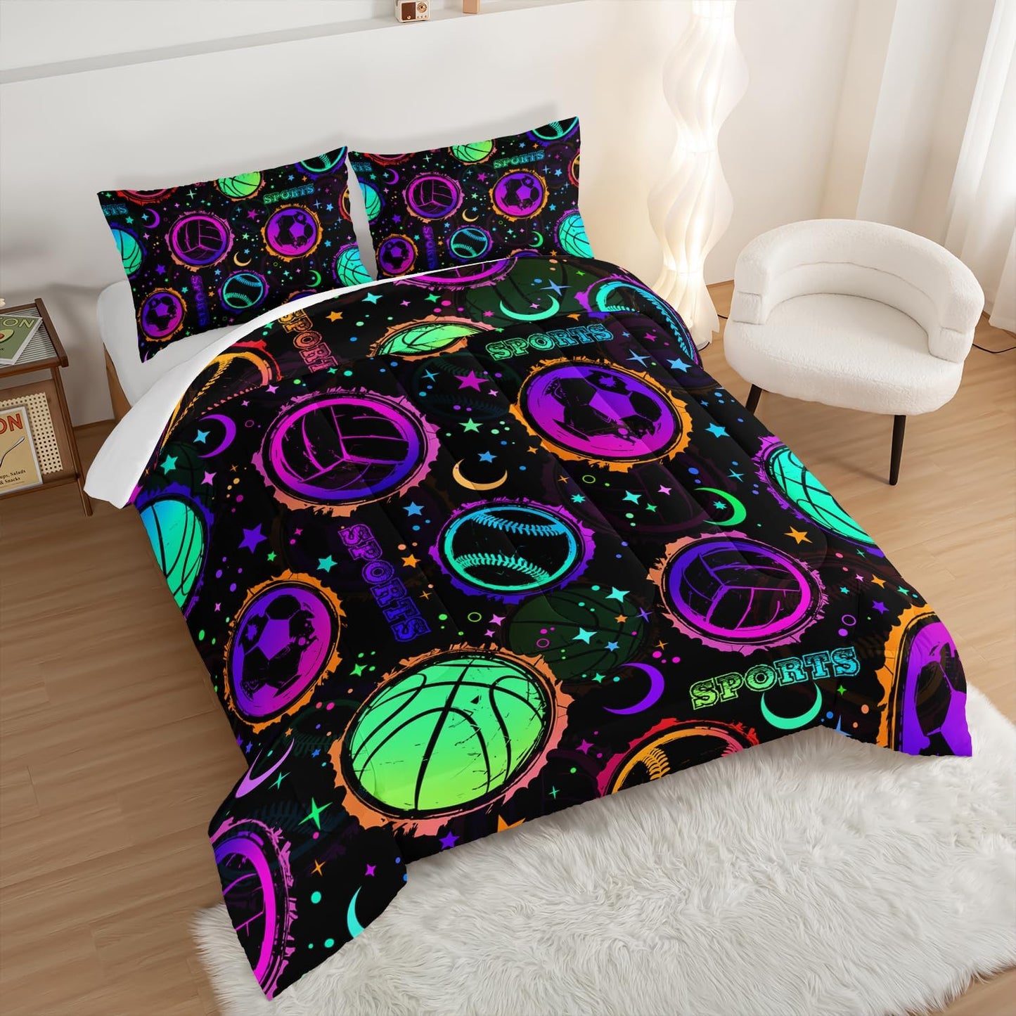 Ball Games Bedding Basketball Football Baseball King Comforter Set,Colorful Neon Stars and Moon Bedding Set for Kids Girls Boys Room Decor,Sports Aesthetic Bedding Sets with 2 Pillowcases.