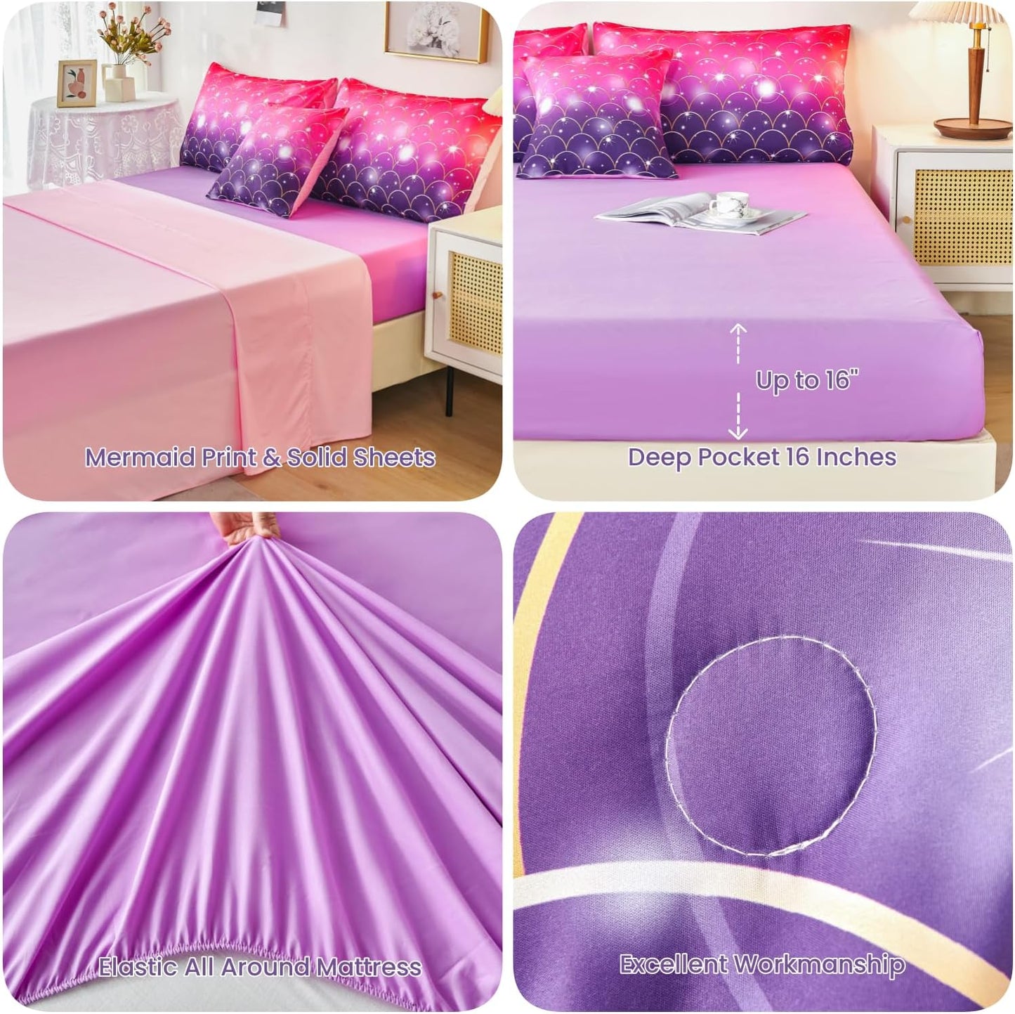 URBONUR Pink Purple Twin Comforter Set 6 Pieces Glitter Colorful Kids Girls Bedding Set (1 Comforter,1 Flat Sheet,1 Fitted Sheet,2 Pillowcases,1 Square Cover)
