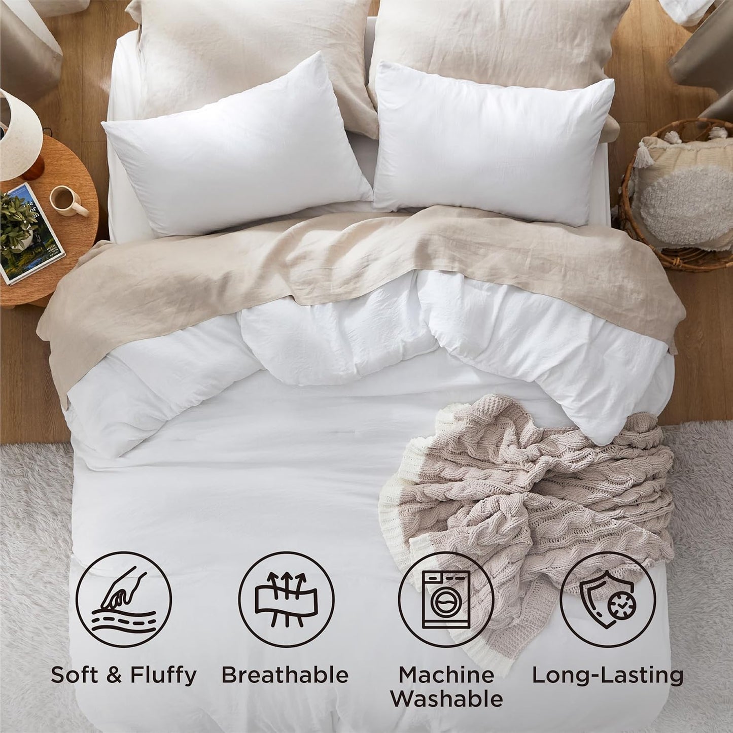 Bedsure Super King Size Comforter Set, White Soft Prewashed Bedding for All Seasons, 3 Pieces GentleSoft™ Bed Set, 1 Lightweight Comforter (120"x120") and 2 Pillowcases (20"x36")