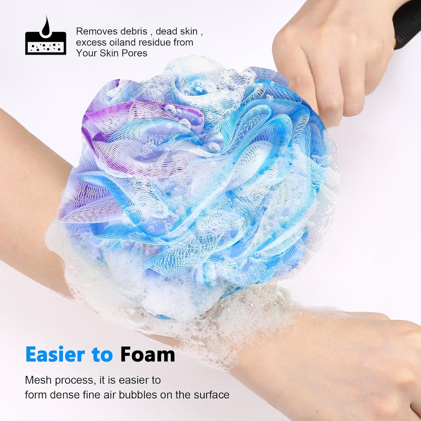 Loofah on a Stick PE Soft Mesh Luffa with Non-Slip Wooden Handle Made of Soft and Sturdy Rubber Material Back Scrubber for Shower for Women and Men with String for Easy Hanging(Purple Blue White)