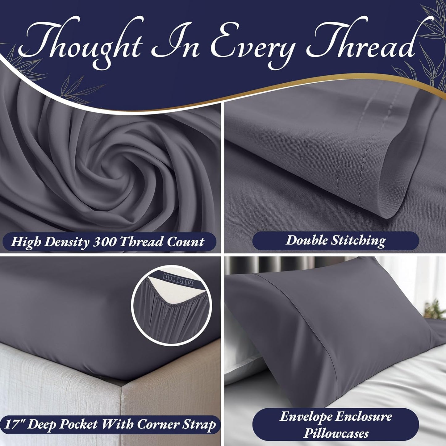 DECOLURE 100% Viscose Derived from Bamboo Sheets Full Size 4pcs - Ultra Soft & Luxuriously Cooling, 17" Deep Pocket, Double Stitching, Perfect for Hot Sleepers - Full Bed Sheets (Grey)