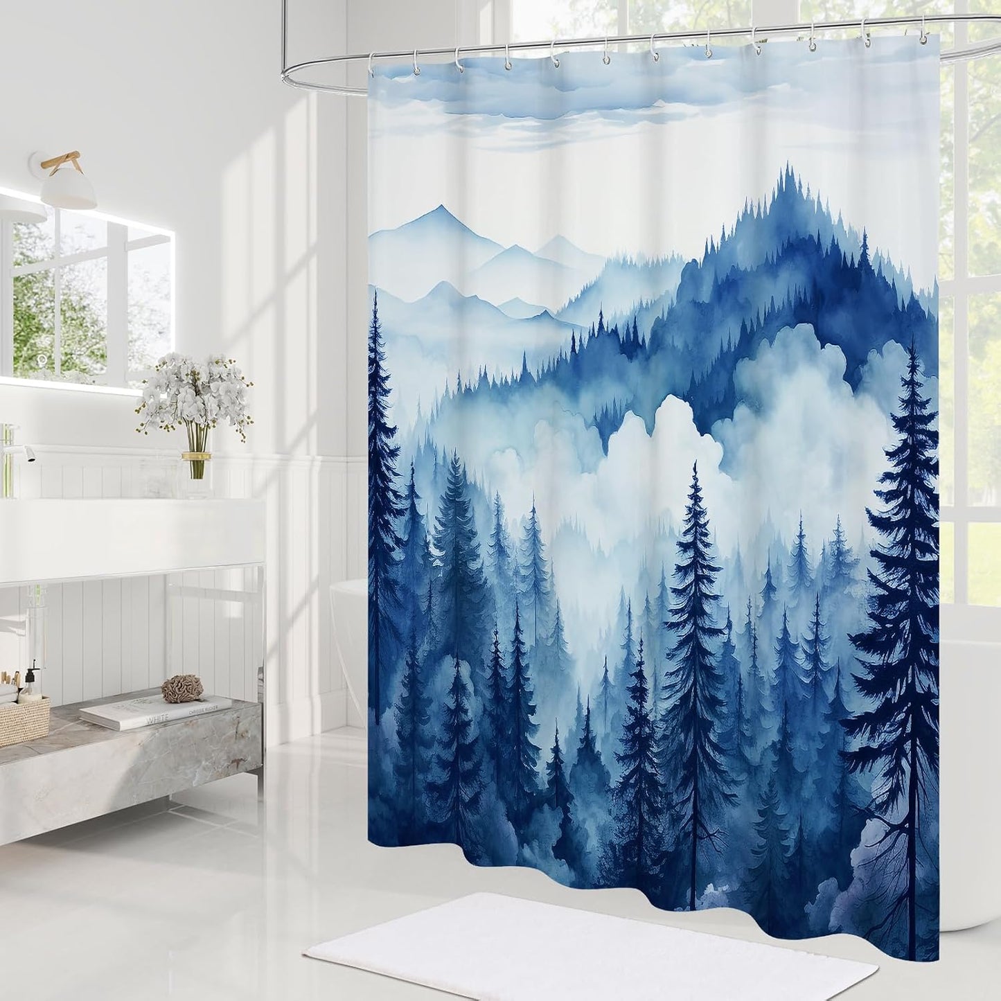 Navy Blue Small Stall Misty Pine Forest Shower Curtain 36 x 72, Mountain Foggy Woodland Scenery Tree Narrow Half Size Shower Curtains for Bathroom, Abstract Waterproof Nature-Themed Decor