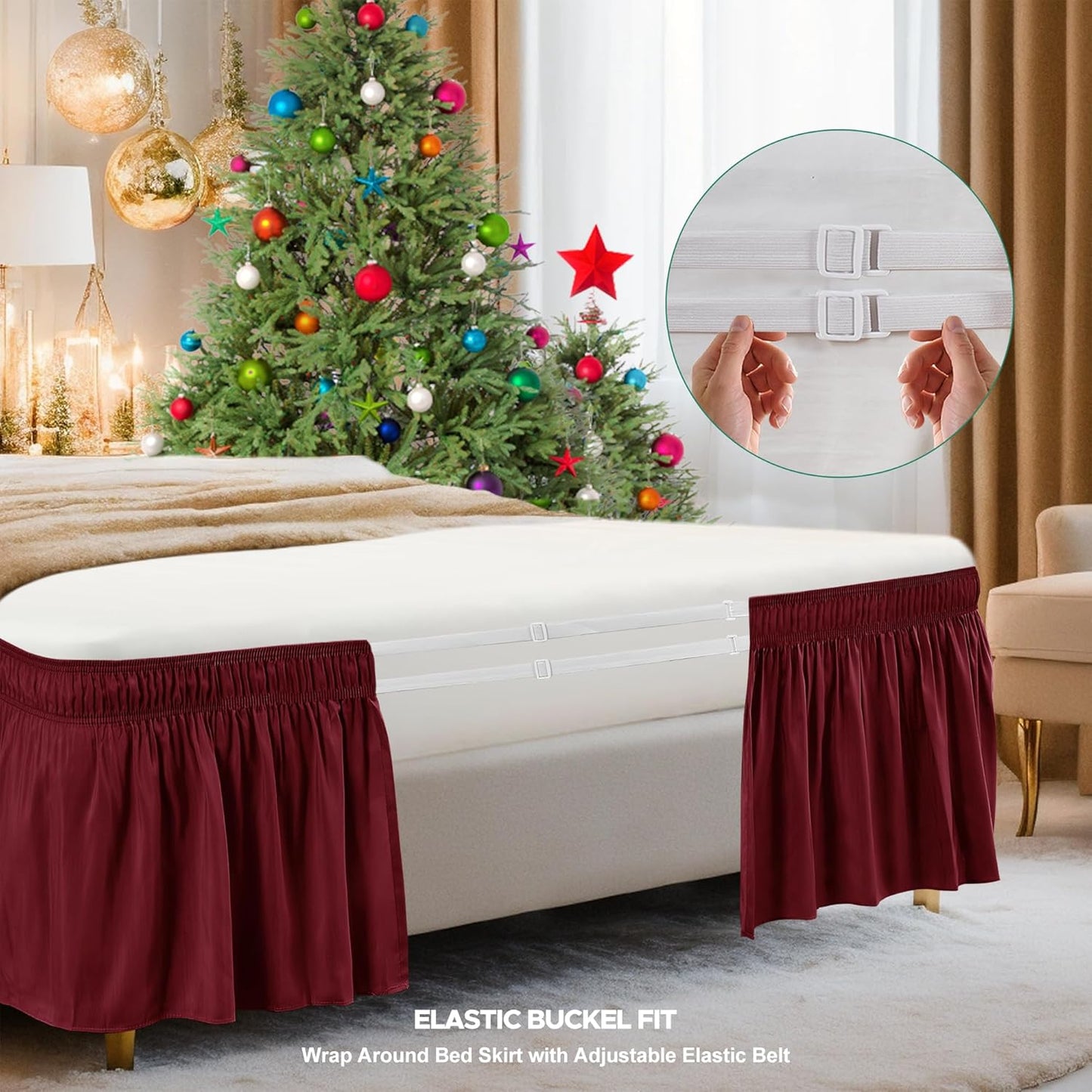 Biscaynebay Wrap Around Bed Skirts for Queen Beds 19" Long Drop, Burgundy Adjustable Elastic Dust Ruffles Easy Fit Wrinkle & Fade Resistant Silky Luxurious Fabric Solid Machine Washable