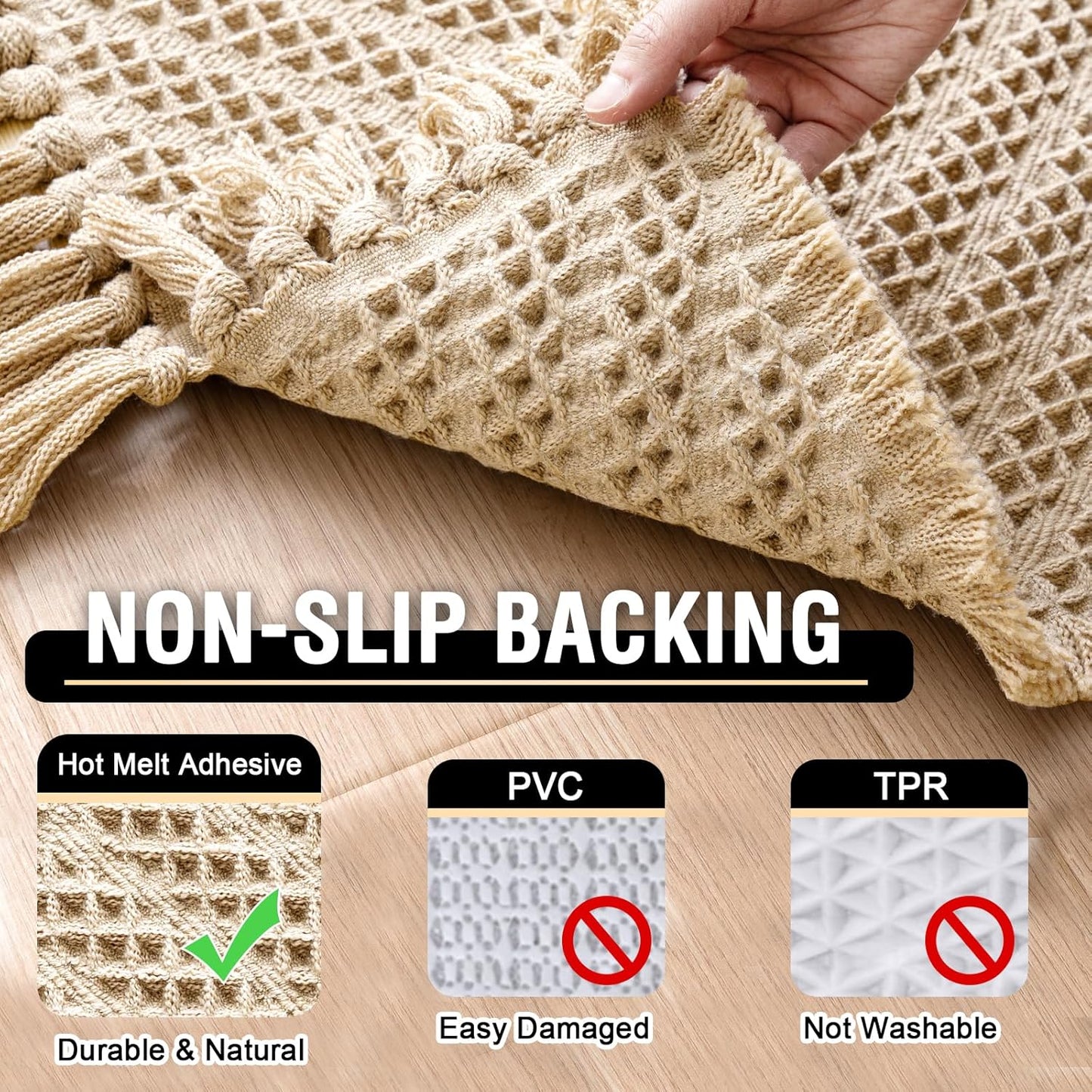 H.VERSAILTEX Waffle Bath Runner Rug Long Bath Mat Super Absorbent Boho Bath Rugs Non Slip Bath Runner for Bathroom Floor Machine Washable Dry Fast Bathroom Rugs with Tassels, 24" x 60", Sand