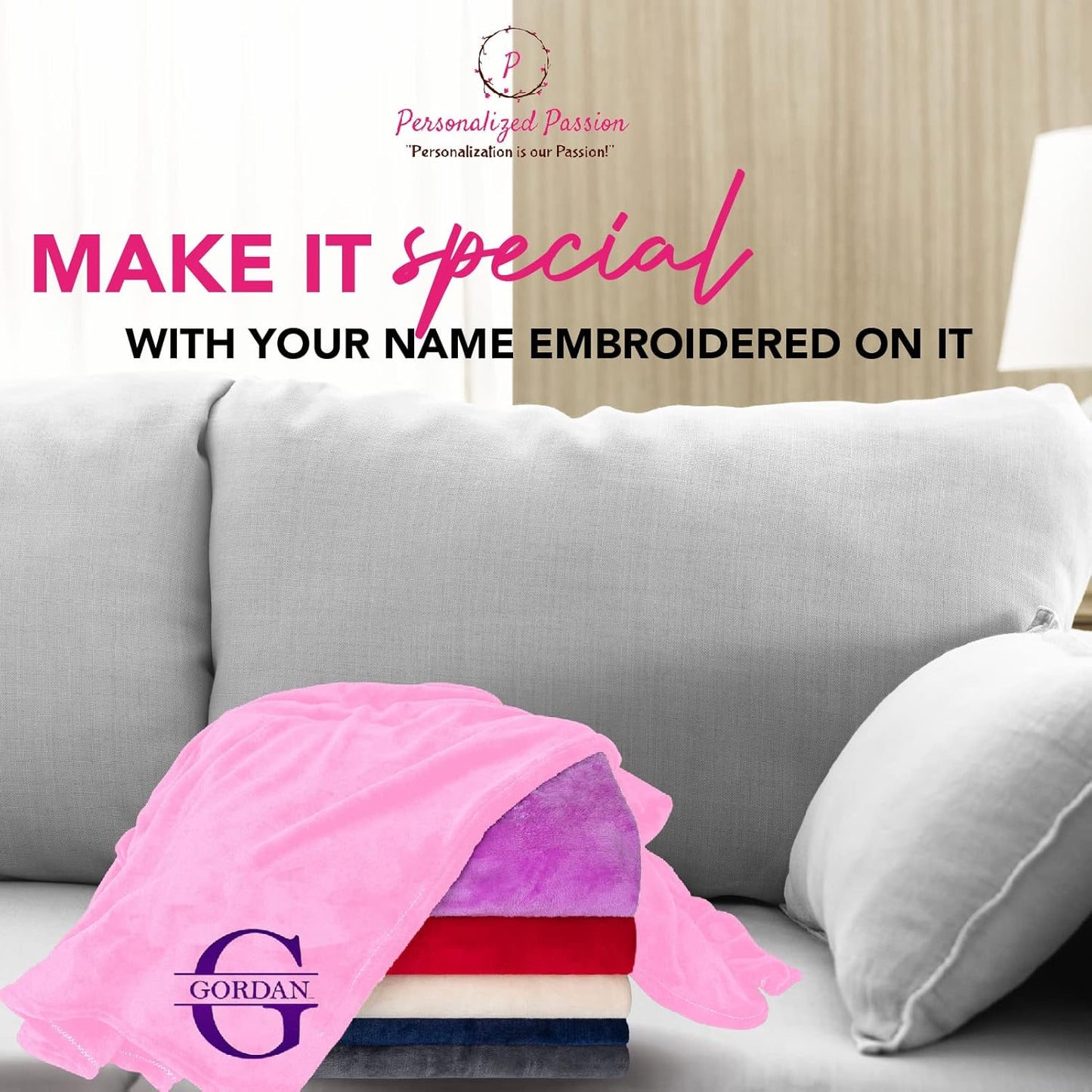 Personalized Passion Blankets with Custom Name & Initial Monogram - Super Soft and Cozy Fleece - Unisex Custom Blanket for Him and Her - 60x40 Inches - Light Pink