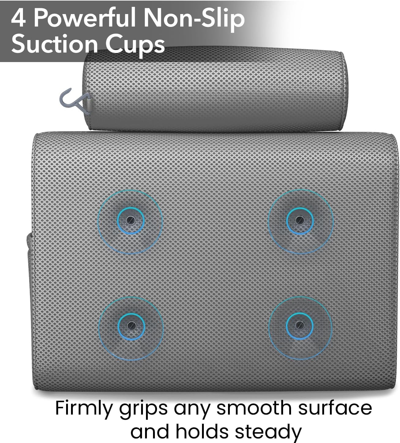 Everlasting Comfort Luxury Bath Pillows for Tub with Head and Neck Support - Non-Slip Bathtub Pillow with Suction Cups, Quick-Drying Mesh & Drying Hook - Jacuzzi & Spa Accessories for Women - Gray