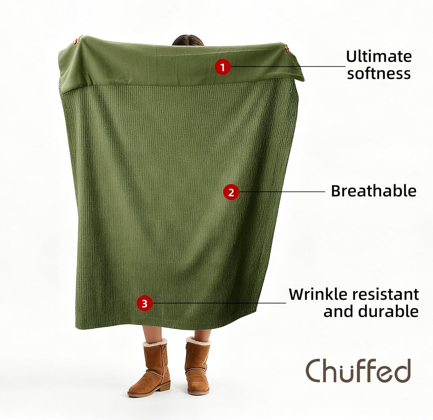 CHUFFED Cotton Waffle Blanket King Size-Plush Milk Velvet & Reversible Waffle Weave,Anti-Static 300Gsm Design，Thick Cozy Soft Winter Blanket for Bed, Couch, Sofa - Olive Green, 104x90 Inches