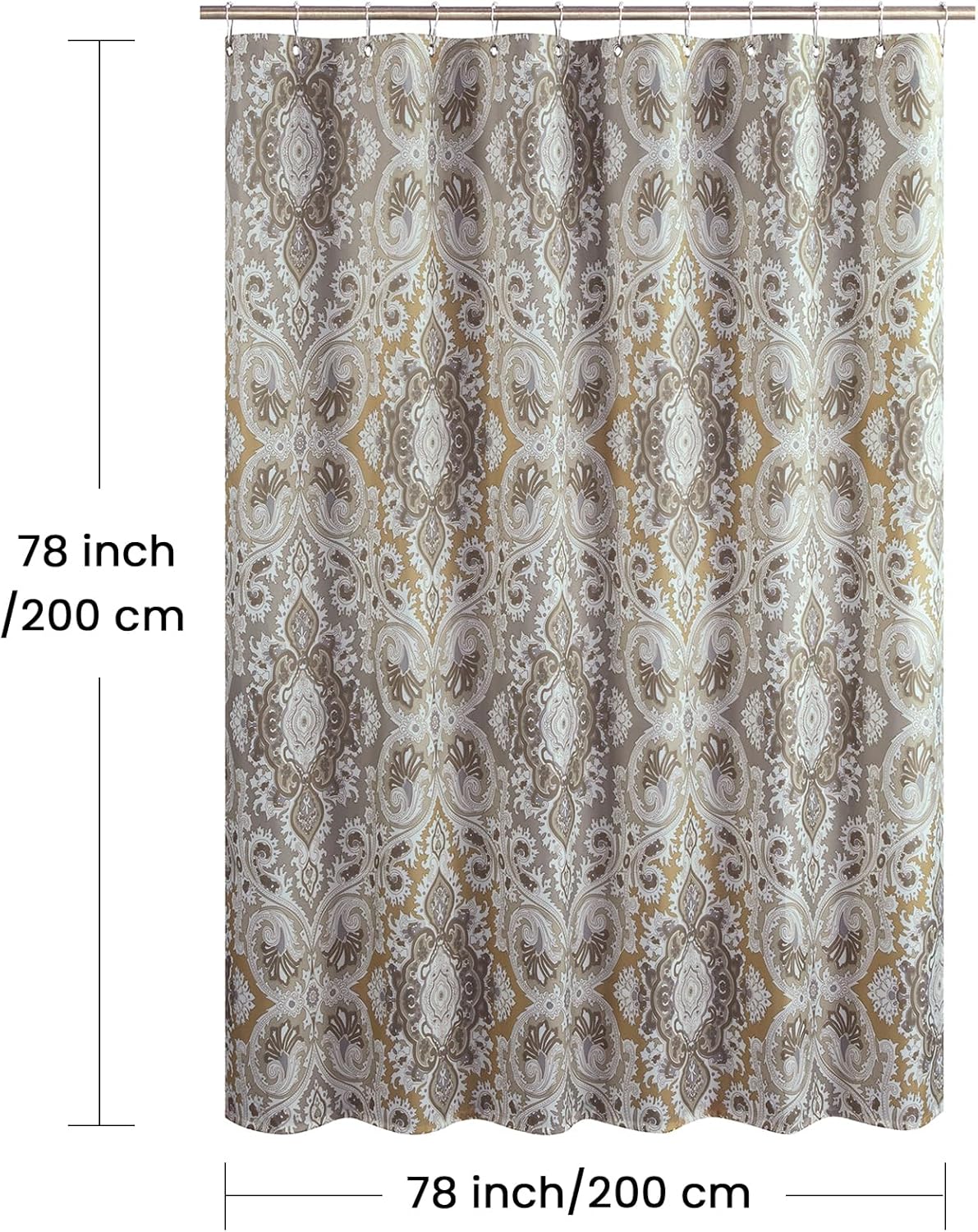 Long Fabric Shower Curtain, Beige Grey Blue Printed Boho Paisley Damask Pattern Shower Curtains for Bathroom, Waterproof Bathroom Curtains, 78" W x 78" H