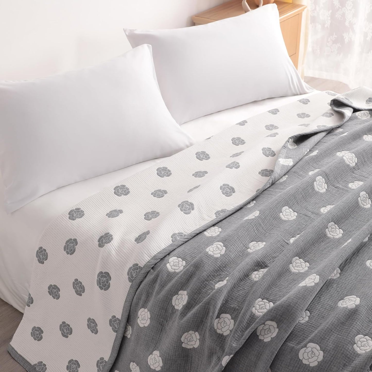 NTBAY 3 Layers Cotton Muslin 88x92 Queen Bed Blanket, Super Soft Breathable Thermal Yarn Dyed Quilt for Adults, Perfect Lightweight Blanket for Couch Sofa Bed All Seasons, Grey Rose