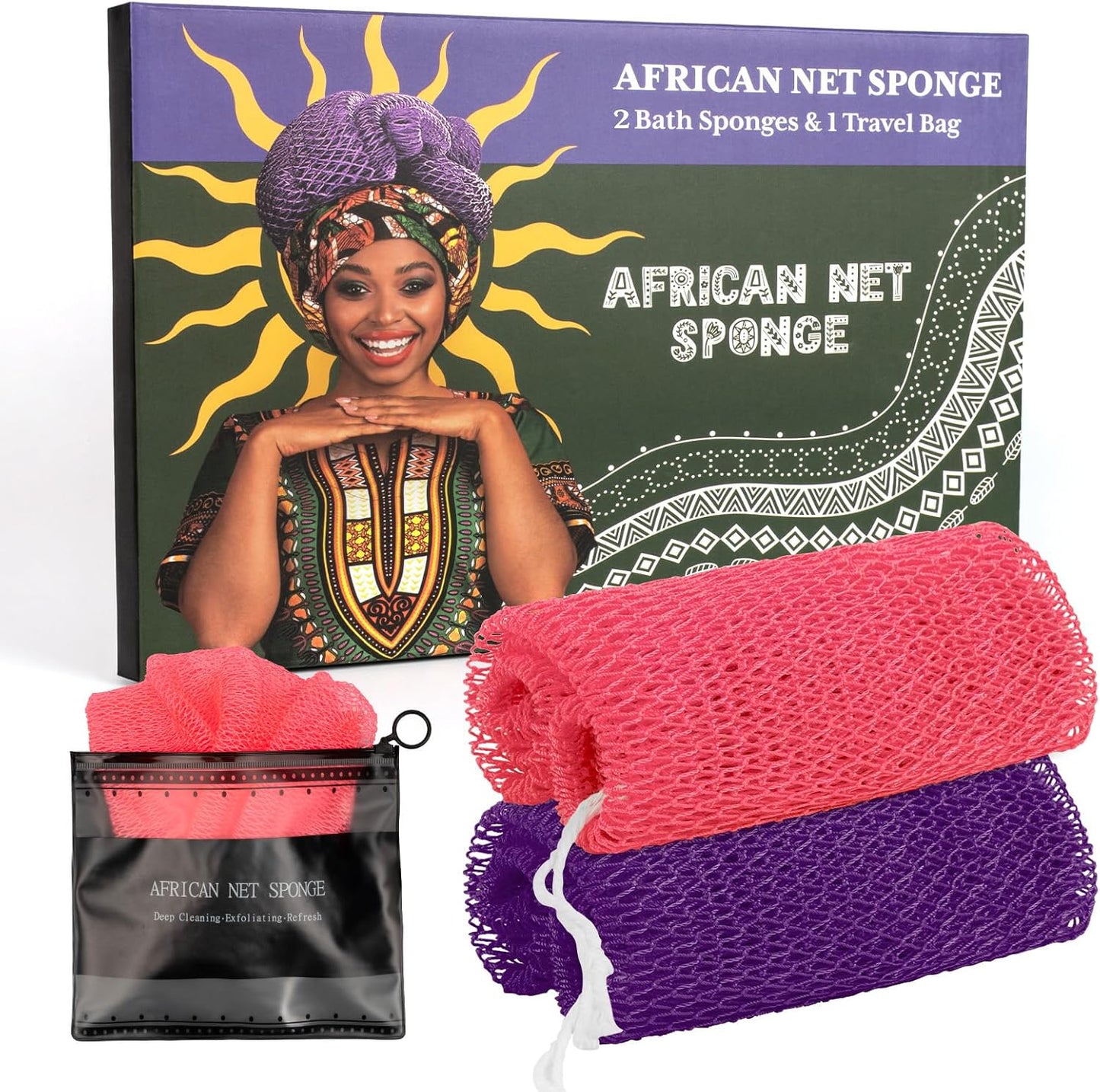 African Net Sponge Authentic with Handles (Set of 2), African Exfoliating Net Sponge, Exfoliating Body Scrubber Bath Sponge - Bathing Accessories with Storage Bag (Purple & Rose)