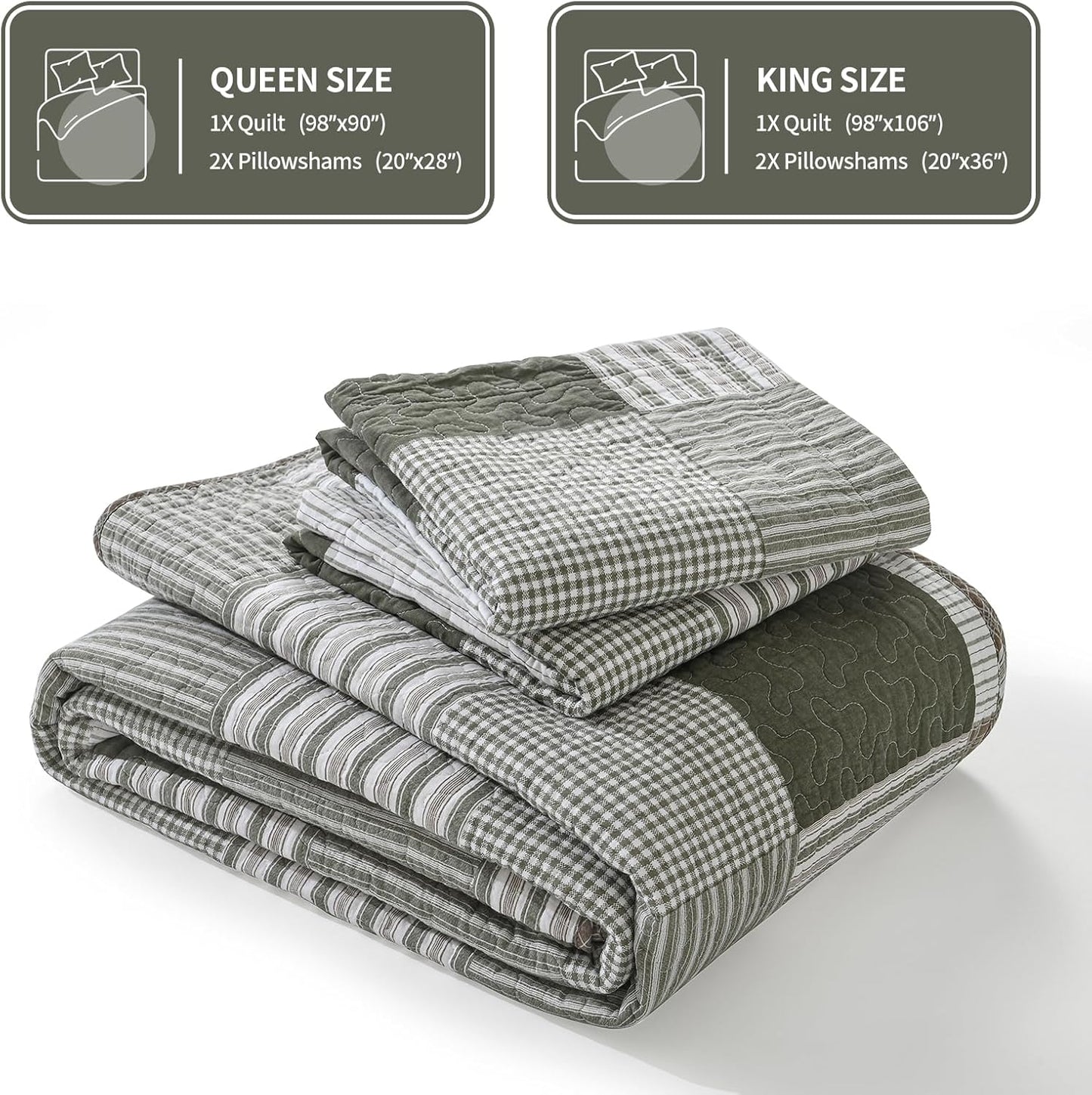 KALOOLA Moonbeam Green Plaid Queen Size Quilt Set - 100% Cotton Lightweight Breathable Quilted Bedspread, All-Season Queen Quilt Bedding Set 3 Pieces, Farmhouse Printed Coverlet for Cozy Comfort