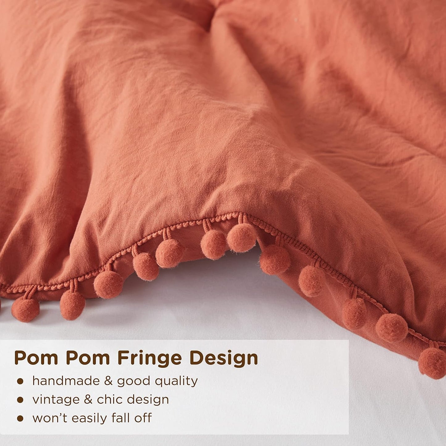 Codi Terracotta King Comforter Set - Boho Chic Bedding with Elegant Pom Fringe, Soft Washed Microfiber 3pc Luxury Set, Lightweight & Breathable for Master Bedroom, 1 Comforter & 2 Pillow Shams