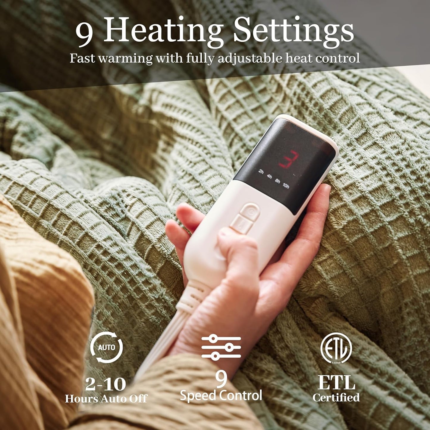 Electric Blanket Twin Size 62''X84'' - Heated Blanket with Single Control Fast Heating 9 Heating Levels & 10 Hours Auto Off,ETL Certified Machine Washable (Gray Green