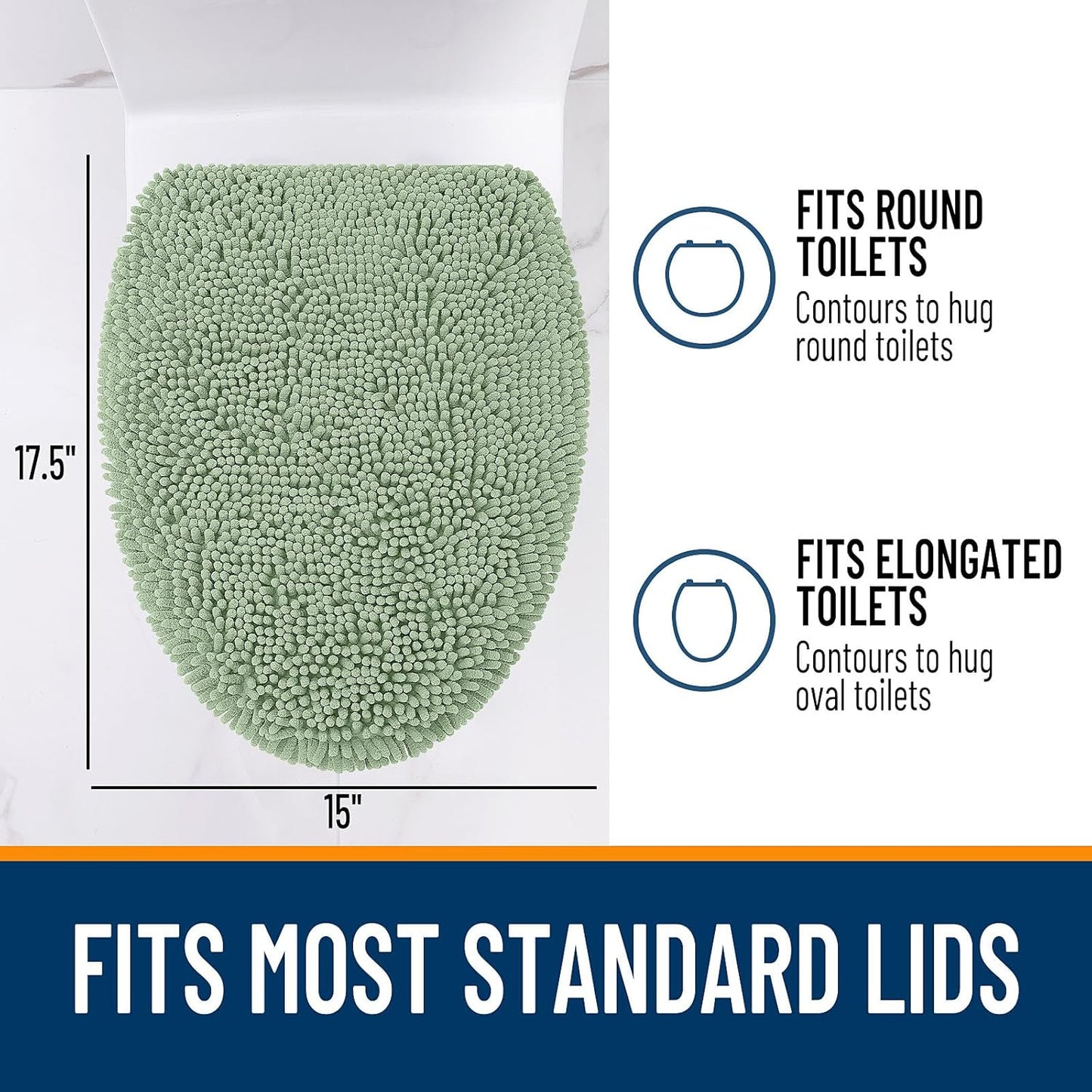 OLANLY Soft Chenille Bathroom Toilet Lid Cover, Machine Washable Seat Covers, 17.5x15, Stays in Place Rubber Backing, Fits Most Round, Elongated and Oblong Lids, Accessories Decor, Sage Green