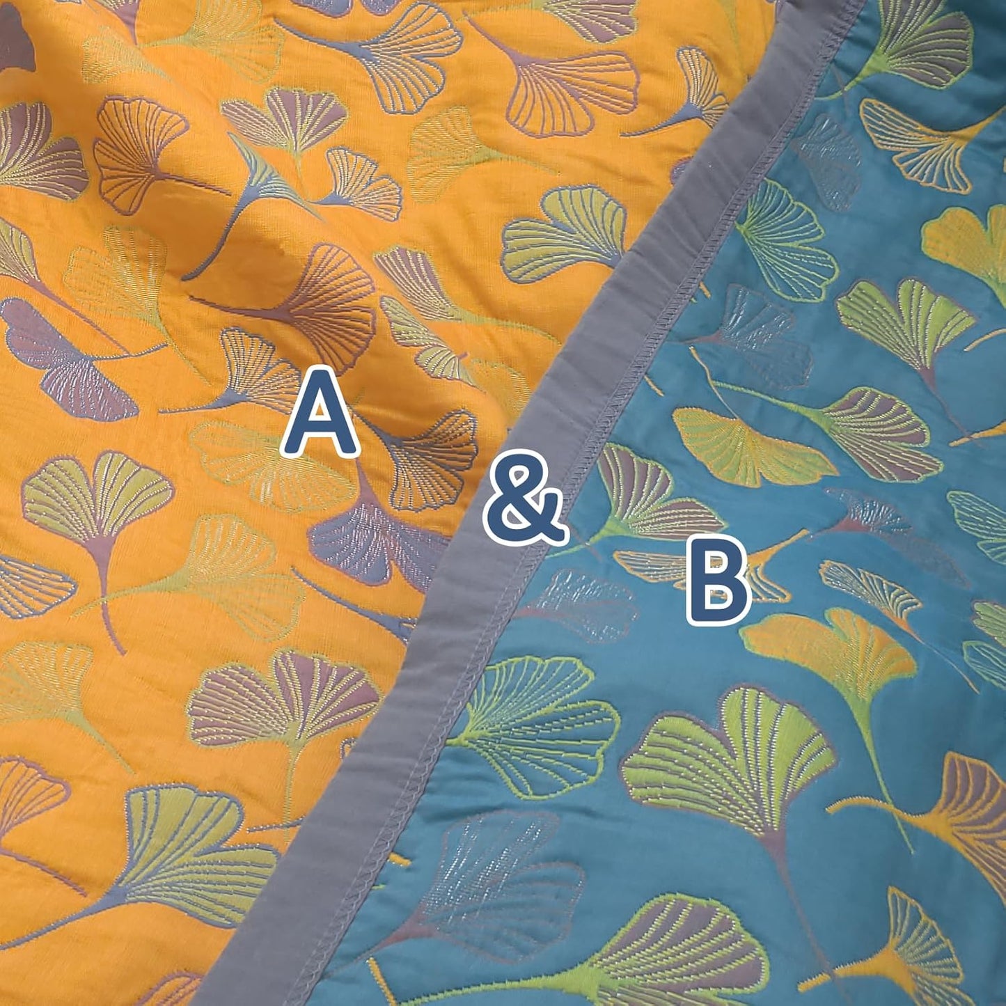 Ginkgo Leaf Cotton Quilt Blue Orange Reversible King Size Bedspread Coverlet for All Seasons Lightweight Muslin Quilt Throw Blanket for Bed, Couch (King)