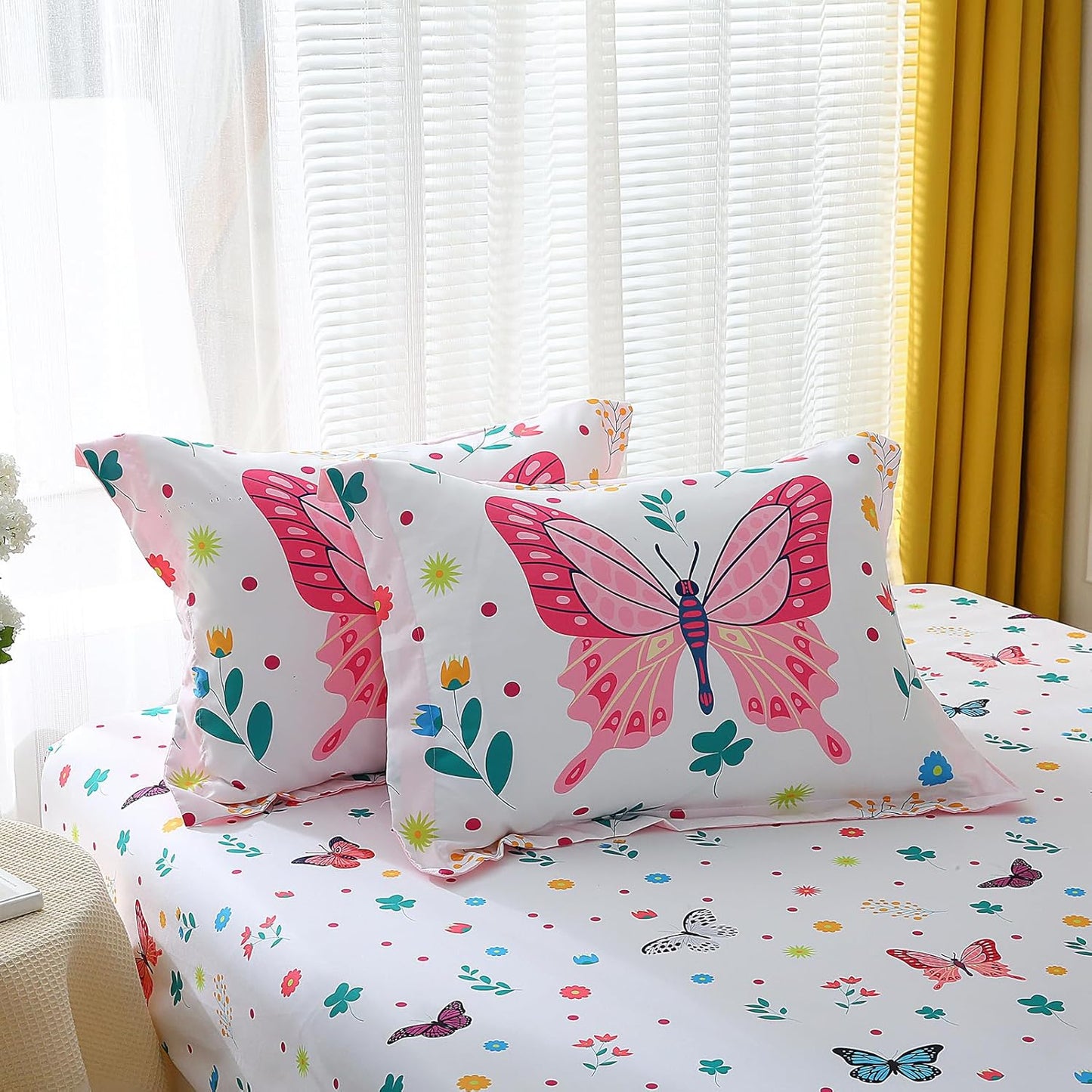 Wajade Butterfly Twin Comforter Set for Girls Kids Bedding Sets for Girls 7 Pieces Bed in a Bag Colorful Butterflies Flower Leaves Bedding Set All Season Lightweight
