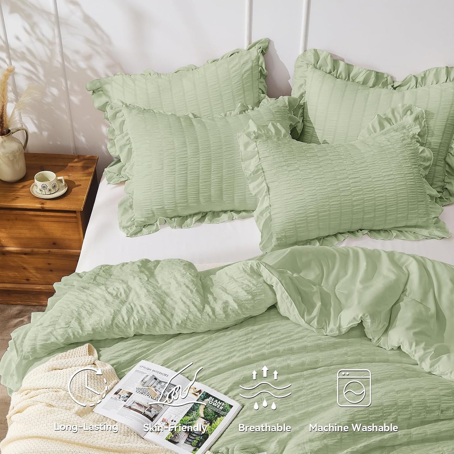 JOLLYVOGUE Sage Green Comforter Full Size, 3 Pieces Seersucker Lightweight Full Size Bedding, All Season Fluffy Microfiber Bedding Comforter Set with 1 Ruffle Comforter and 2 Ruffle Pillowshams