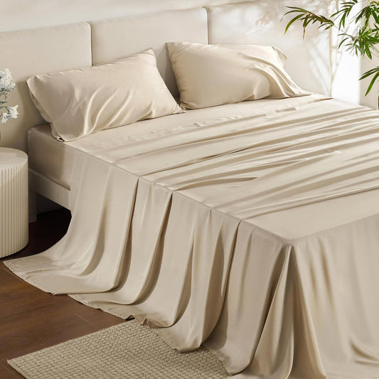 Bedsure California King Sheet Sets, Cooling Sheets for Hot Sleepers, Rayon Derived from Bamboo, Deep Pocket Up to 16 Inches, Breathable & Soft, Hotel Luxury Silky Bedding, Beige